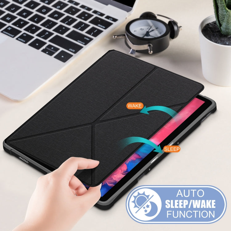 For Lenovo Tab P11 TB-J606F Cloth Texture Multi-folding Horizontal Flip PU Leather Shockproof Case with Holder & Sleep / Wake-up Function