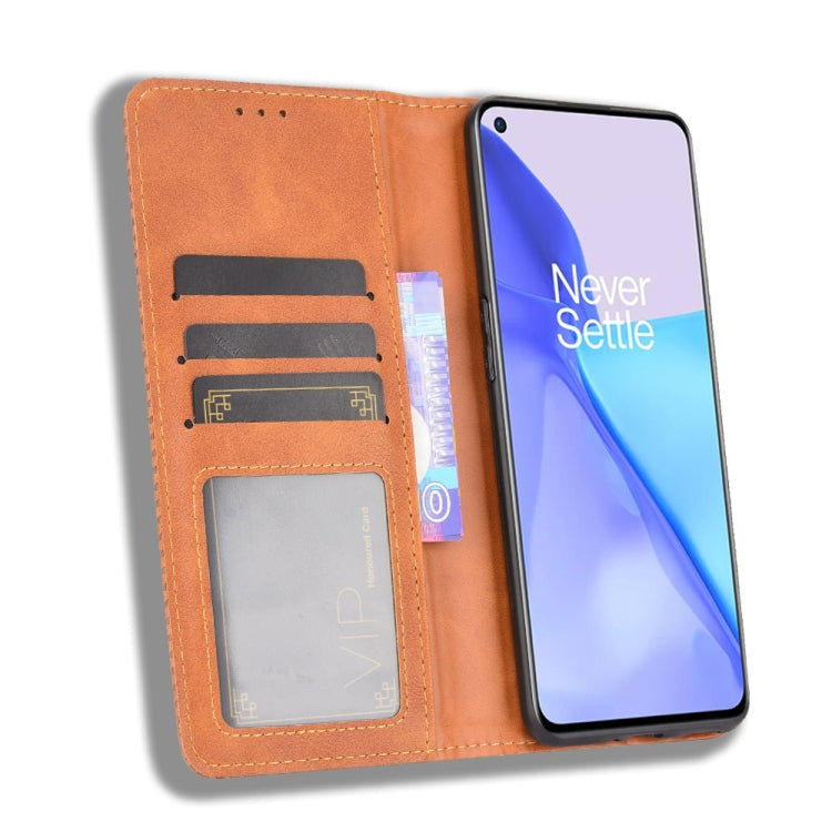 For OnePlus 9 (Europe and America Version) Magnetic Buckle Retro Crazy Horse Texture Horizontal Flip Leather Case with Holder & Card Slots & Photo Frame