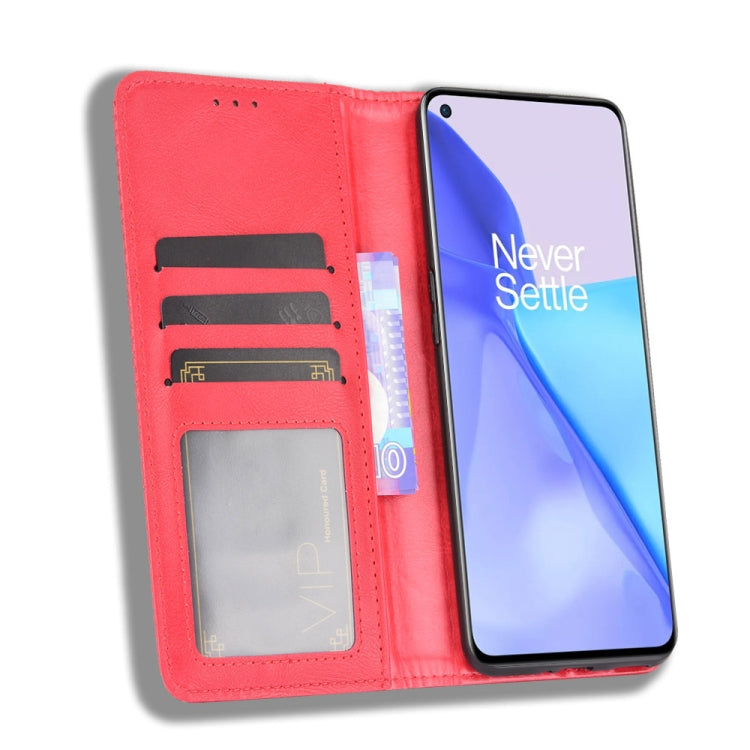 For OnePlus 9 (Europe and America Version) Magnetic Buckle Retro Crazy Horse Texture Horizontal Flip Leather Case with Holder & Card Slots & Photo Frame