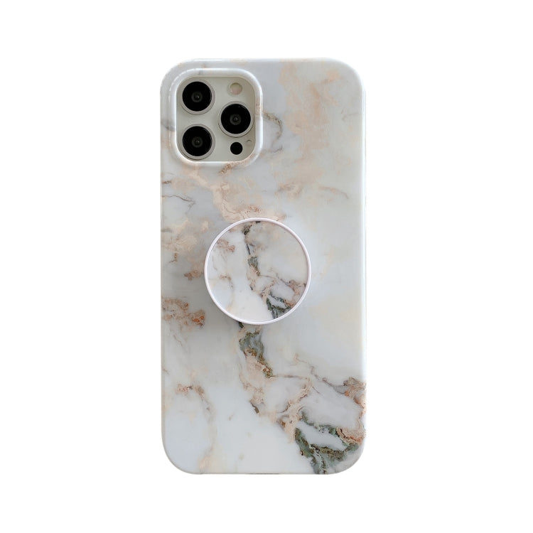 For iPhone 12 / 12 Pro White Gilding Marble Double-sided Coated Protective Case with Foldable Holder