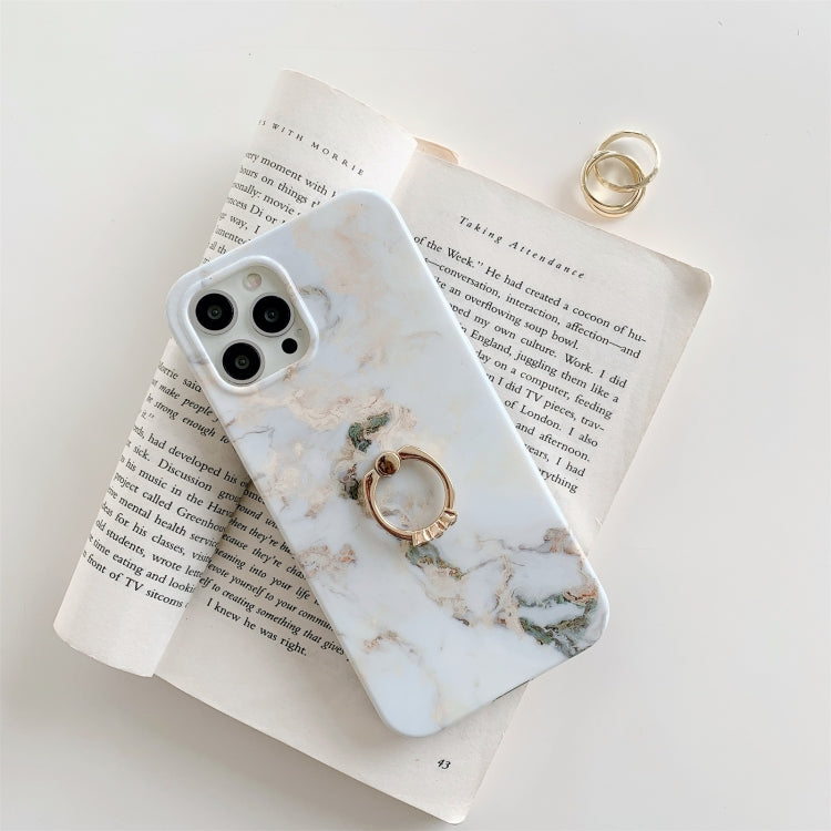 For iPhone 11 White Gilding Marble Double-sided Coated Protective Case with Ring Buckle Holder