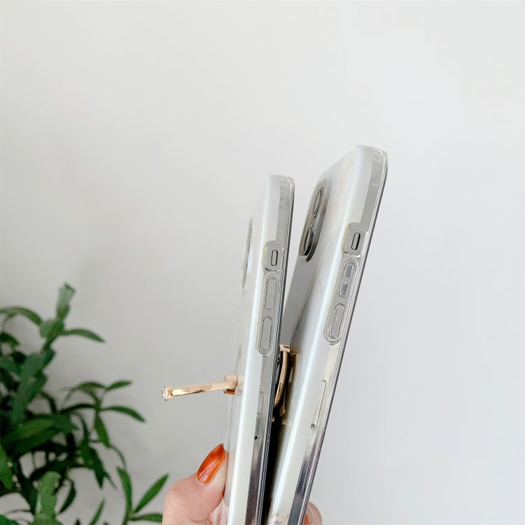 For iPhone 11 Pro Max White Gilding Marble Double-sided Coated Protective Case with Ring Buckle Holder