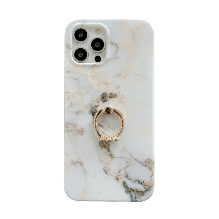 For iPhone 12 mini White Gilding Marble Double-sided Coated Protective Case with Ring Buckle Holder