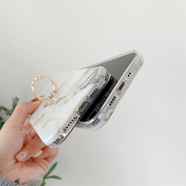 For iPhone 12 mini White Gilding Marble Double-sided Coated Protective Case with Ring Buckle Holder