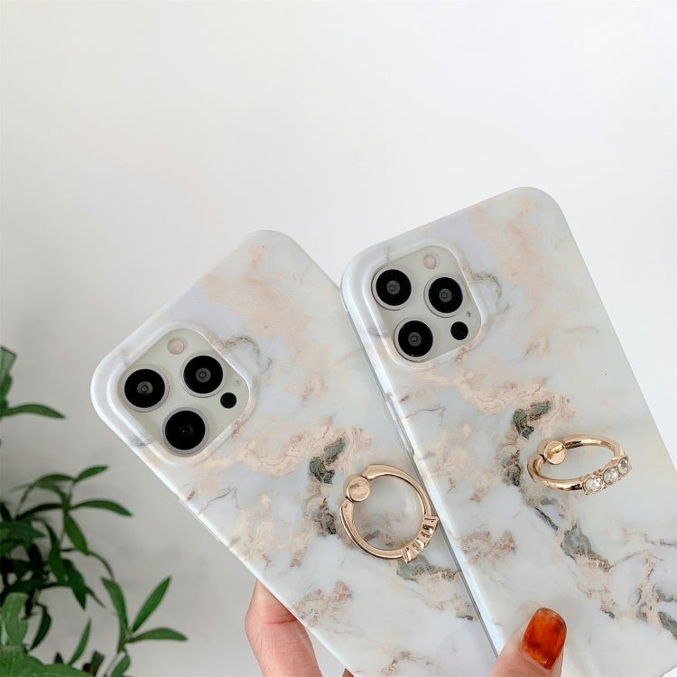 For iPhone 12 Pro Max White Gilding Marble Double-sided Coated Protective Case with Ring Buckle Holder