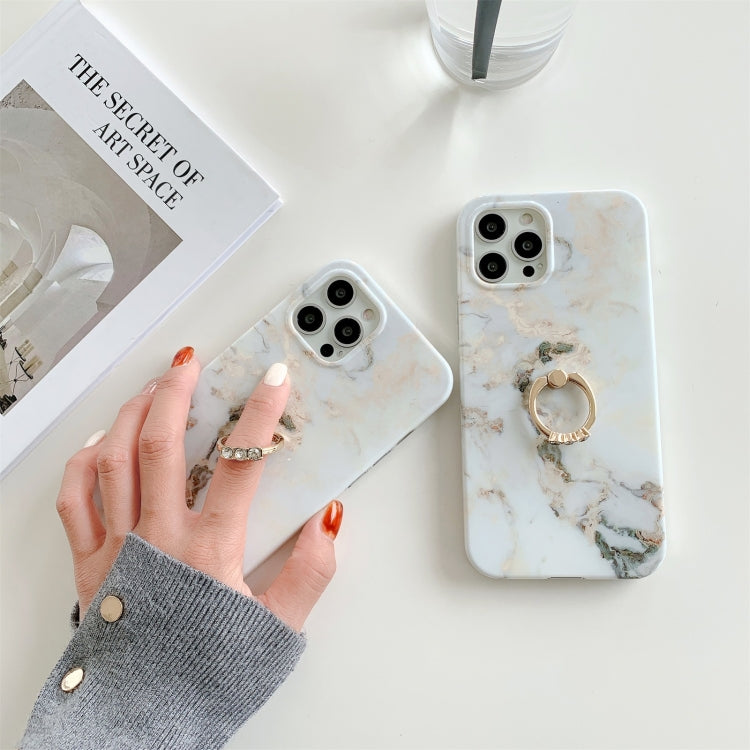 For iPhone 12 Pro Max White Gilding Marble Double-sided Coated Protective Case with Ring Buckle Holder