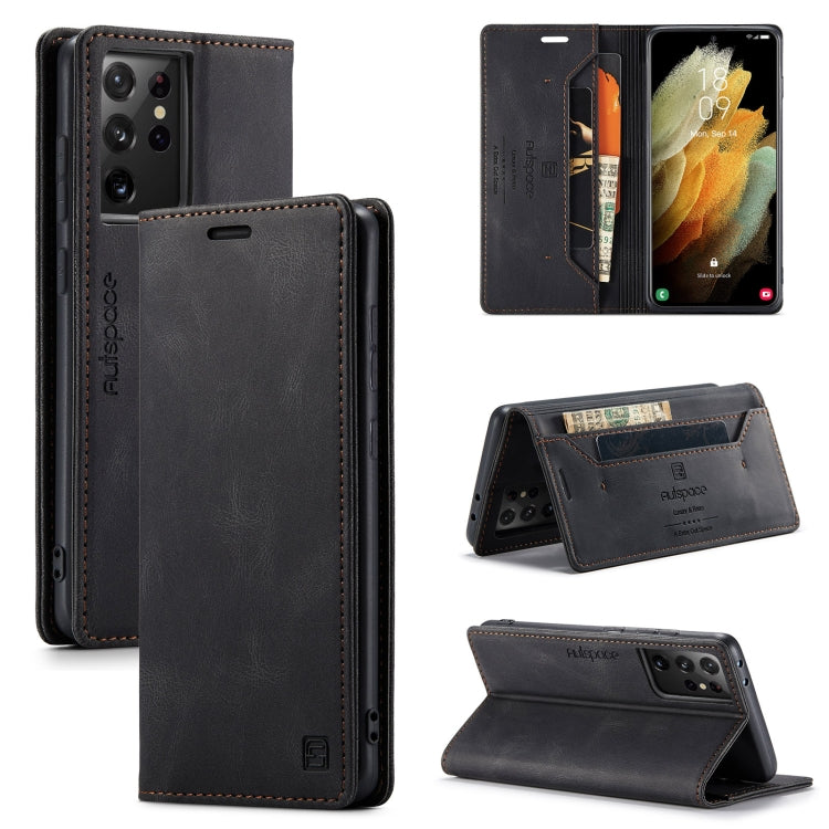 For Samsung Galaxy S21 Ultra 5G AutSpace A01 Retro Skin-feel Crazy Horse Texture Horizontal Flip Leather Case with Holder & Card Slots & Wallet & RFID