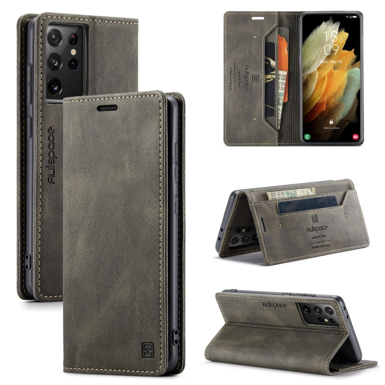 For Samsung Galaxy S21 Ultra 5G AutSpace A01 Retro Skin-feel Crazy Horse Texture Horizontal Flip Leather Case with Holder & Card Slots & Wallet & RFID