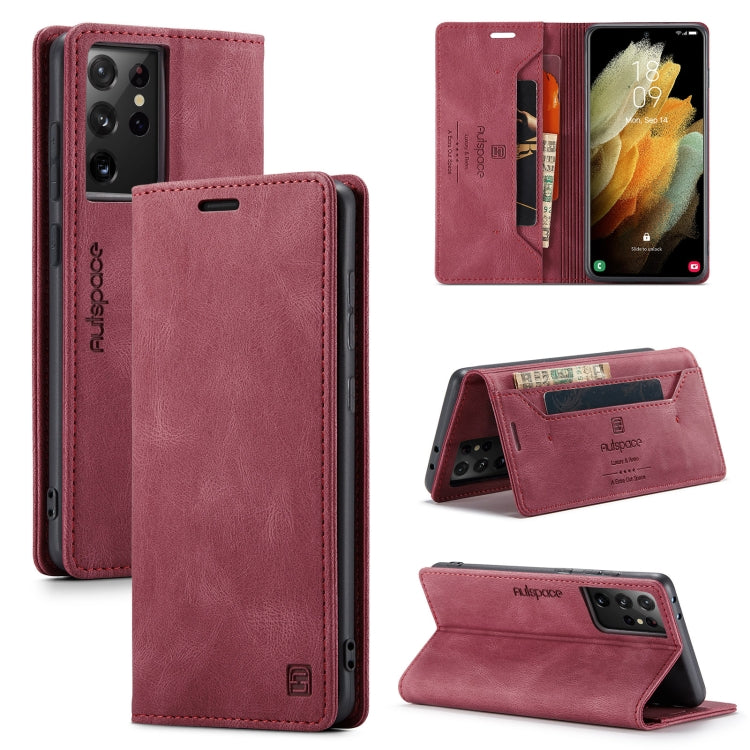 For Samsung Galaxy S21 Ultra 5G AutSpace A01 Retro Skin-feel Crazy Horse Texture Horizontal Flip Leather Case with Holder & Card Slots & Wallet & RFID