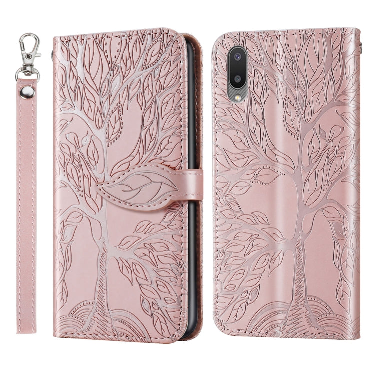 For Samsung Galaxy A02 Life of Tree Embossing Pattern Horizontal Flip Leather Case with Holder & Card Slot & Wallet & Photo Frame & Lanyard