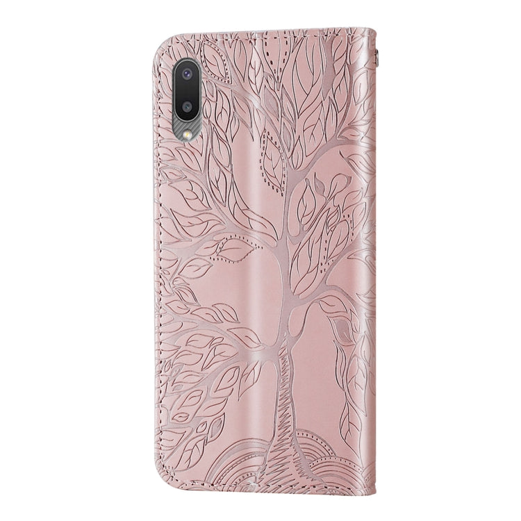 For Samsung Galaxy A02 Life of Tree Embossing Pattern Horizontal Flip Leather Case with Holder & Card Slot & Wallet & Photo Frame & Lanyard