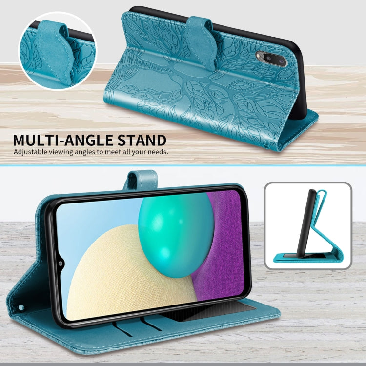 For Samsung Galaxy A02 Life of Tree Embossing Pattern Horizontal Flip Leather Case with Holder & Card Slot & Wallet & Photo Frame & Lanyard