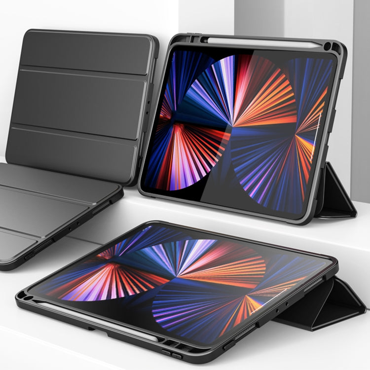 For iPad Pro 12.9 2022 / 2021 Lychee Peel Texture Horizontal Deformation Flip TPU Leather Tablet Case with Three-folding Holder & Sleep / Wake-up Function