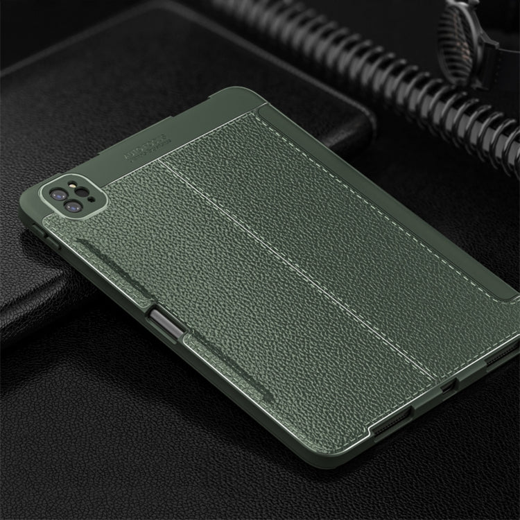 For iPad Pro 12.9 2022 / 2021 Lychee Peel Texture Horizontal Deformation Flip TPU Leather Tablet Case with Three-folding Holder & Sleep / Wake-up Function