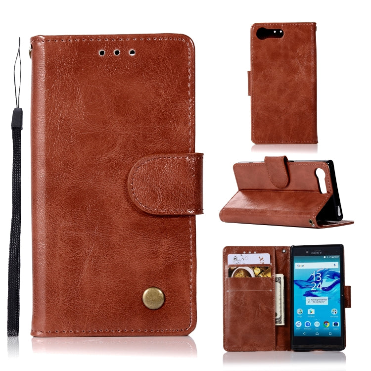 For Sony Xperia X Compact Retro Copper Button Crazy Horse Horizontal Flip PU Leather Case with Holder & Card Slots & Wallet & Lanyard