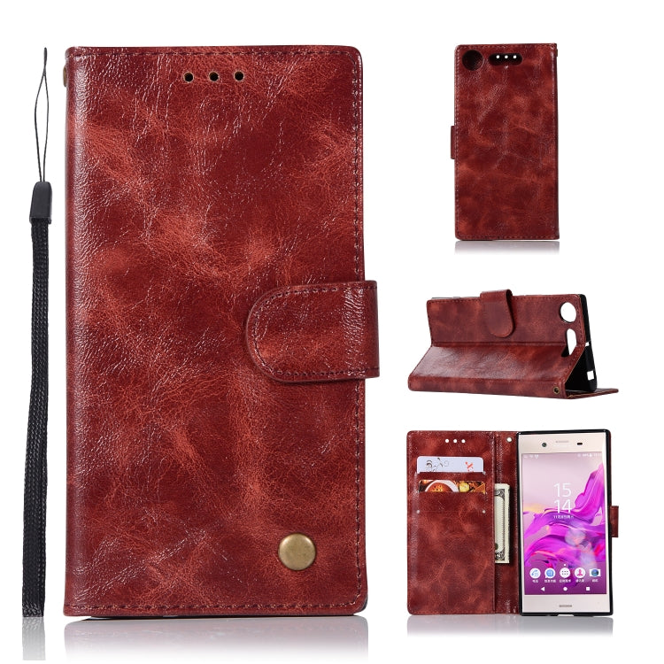 For Sony Xperia XZ1 Retro Copper Button Crazy Horse Horizontal Flip PU Leather Case with Holder & Card Slots & Wallet & Lanyard