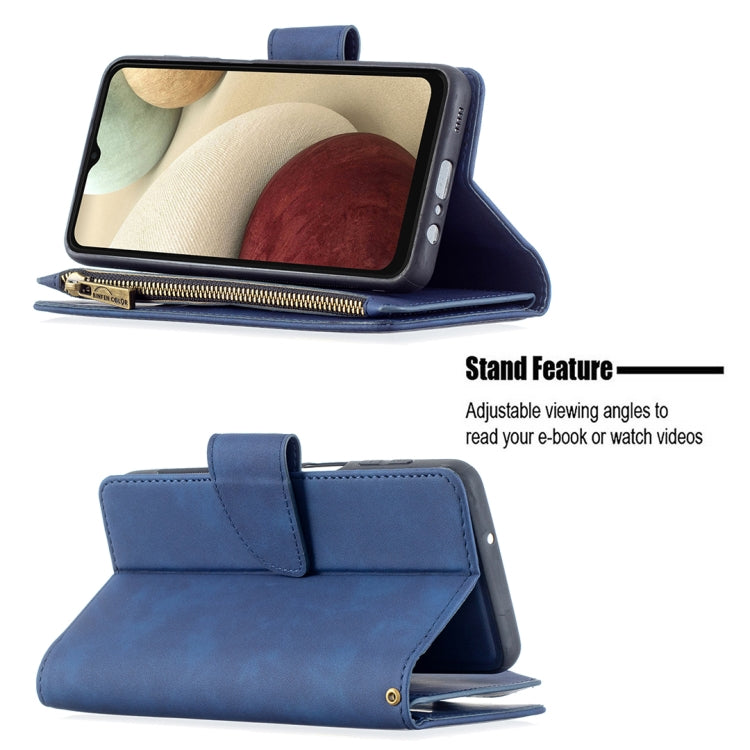 For Samsung Galaxy A12 Skin Feel Detachable Magnetic Zipper Horizontal Flip PU Leather Case with Multi-Card Slots & Holder & Wallet & Photo Frame & Lanyard