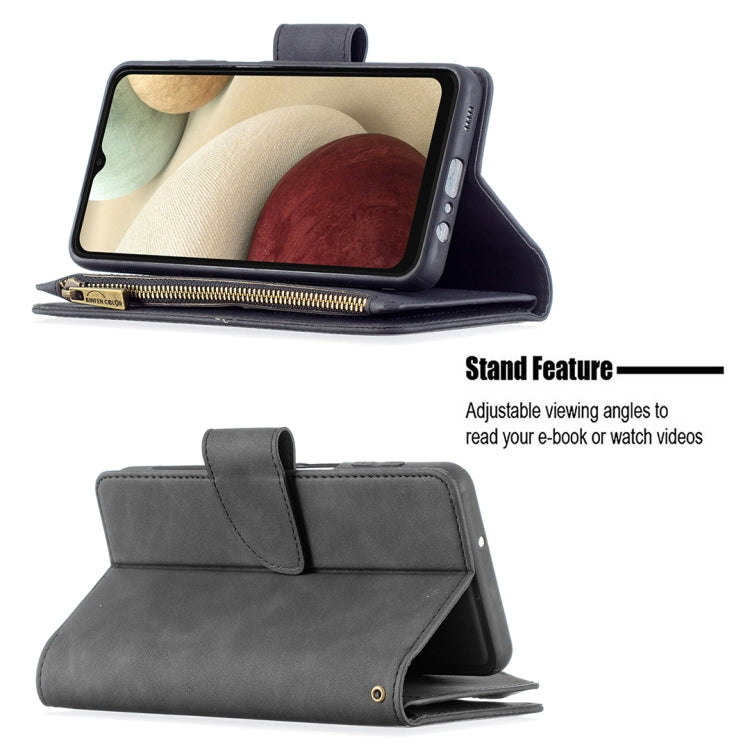 For Samsung Galaxy A12 Skin Feel Detachable Magnetic Zipper Horizontal Flip PU Leather Case with Multi-Card Slots & Holder & Wallet & Photo Frame & Lanyard