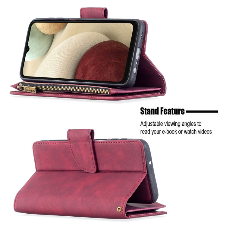 For Samsung Galaxy A12 Skin Feel Detachable Magnetic Zipper Horizontal Flip PU Leather Case with Multi-Card Slots & Holder & Wallet & Photo Frame & Lanyard