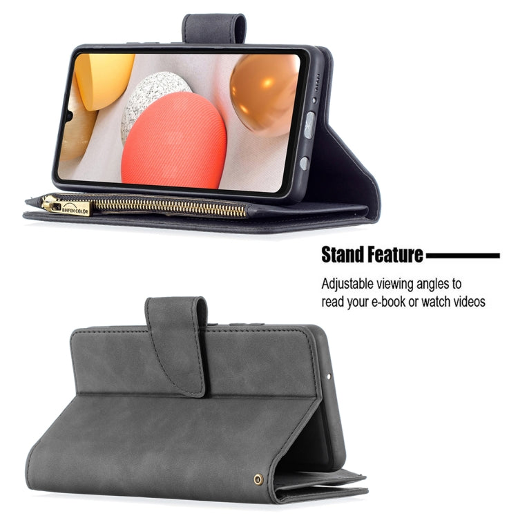 For Samsung Galaxy A42 Skin Feel Detachable Magnetic Zipper Horizontal Flip PU Leather Case with Multi-Card Slots & Holder & Wallet & Photo Frame & Lanyard