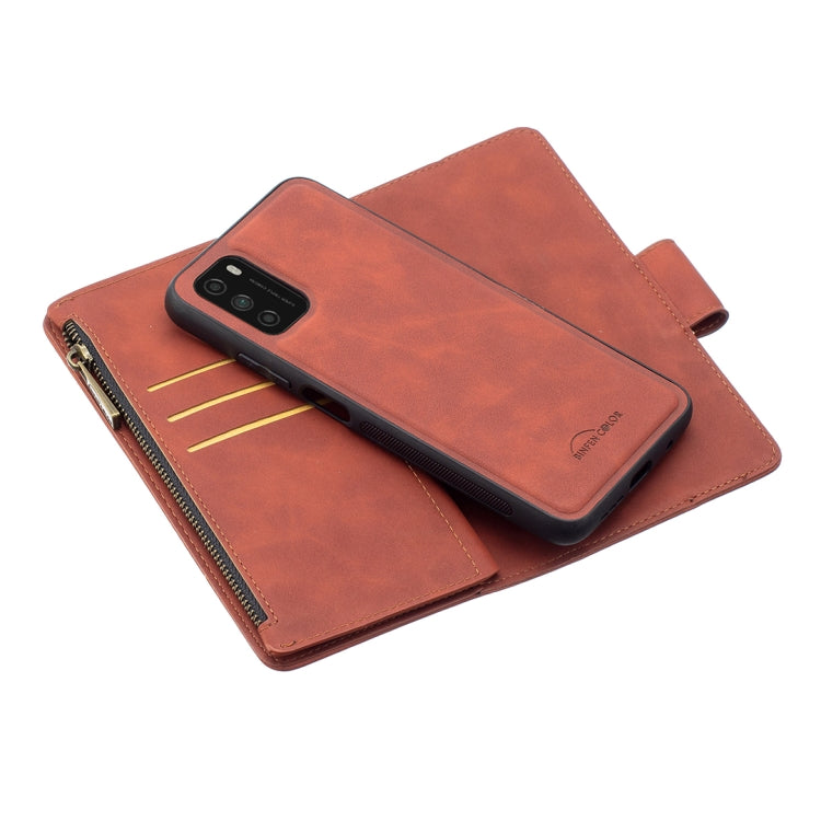 For Xiaomi Poco M3 Skin Feel Detachable Magnetic Zipper Horizontal Flip PU Leather Case with Multi-Card Slots & Holder & Wallet & Photo Frame & Lanyard