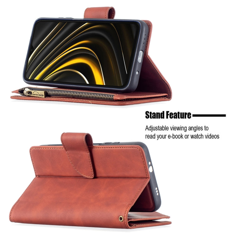 For Xiaomi Poco M3 Skin Feel Detachable Magnetic Zipper Horizontal Flip PU Leather Case with Multi-Card Slots & Holder & Wallet & Photo Frame & Lanyard