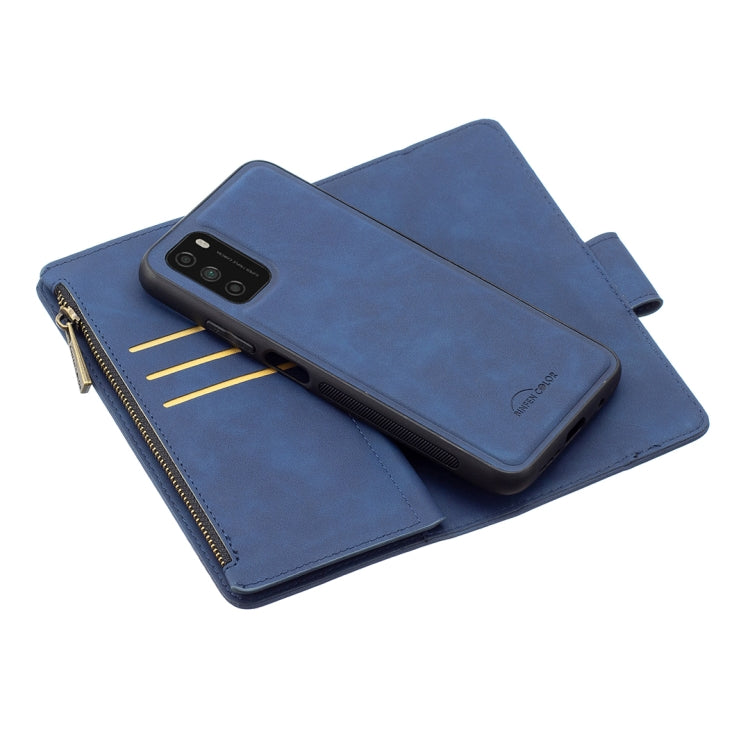 For Xiaomi Poco M3 Skin Feel Detachable Magnetic Zipper Horizontal Flip PU Leather Case with Multi-Card Slots & Holder & Wallet & Photo Frame & Lanyard