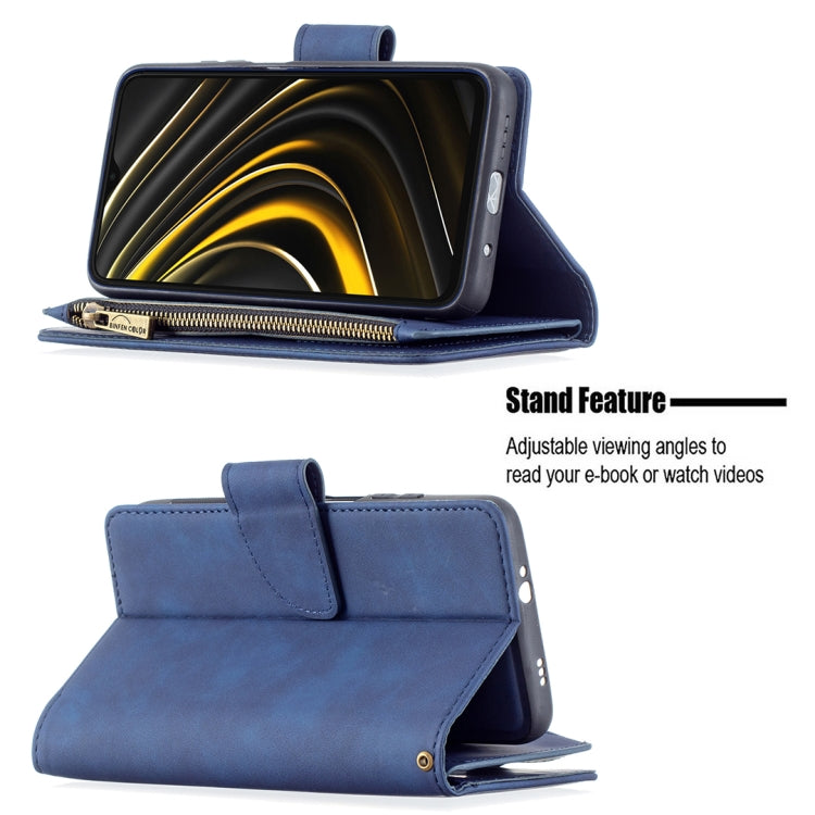 For Xiaomi Poco M3 Skin Feel Detachable Magnetic Zipper Horizontal Flip PU Leather Case with Multi-Card Slots & Holder & Wallet & Photo Frame & Lanyard