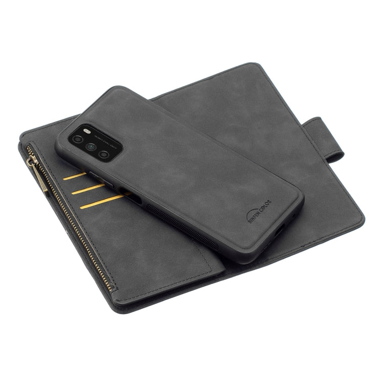 For Xiaomi Poco M3 Skin Feel Detachable Magnetic Zipper Horizontal Flip PU Leather Case with Multi-Card Slots & Holder & Wallet & Photo Frame & Lanyard