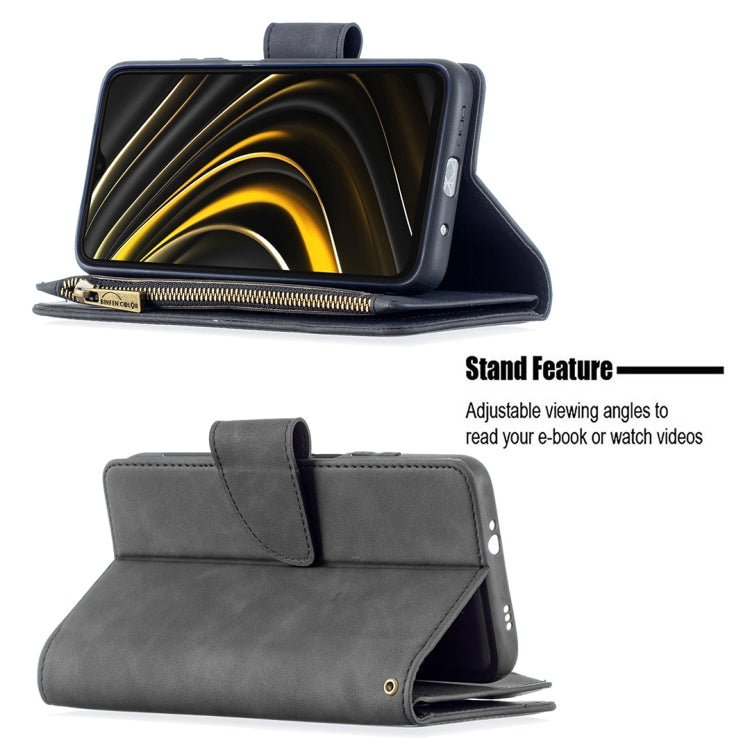 For Xiaomi Poco M3 Skin Feel Detachable Magnetic Zipper Horizontal Flip PU Leather Case with Multi-Card Slots & Holder & Wallet & Photo Frame & Lanyard