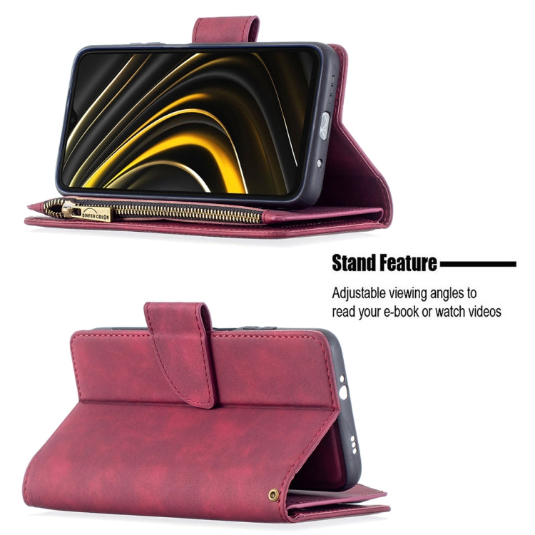 For Xiaomi Poco M3 Skin Feel Detachable Magnetic Zipper Horizontal Flip PU Leather Case with Multi-Card Slots & Holder & Wallet & Photo Frame & Lanyard