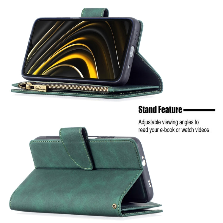 For Xiaomi Poco M3 Skin Feel Detachable Magnetic Zipper Horizontal Flip PU Leather Case with Multi-Card Slots & Holder & Wallet & Photo Frame & Lanyard
