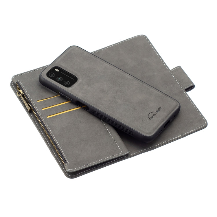 For Xiaomi Poco M3 Skin Feel Detachable Magnetic Zipper Horizontal Flip PU Leather Case with Multi-Card Slots & Holder & Wallet & Photo Frame & Lanyard