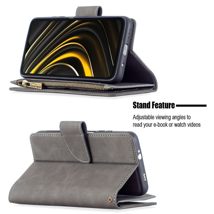 For Xiaomi Poco M3 Skin Feel Detachable Magnetic Zipper Horizontal Flip PU Leather Case with Multi-Card Slots & Holder & Wallet & Photo Frame & Lanyard