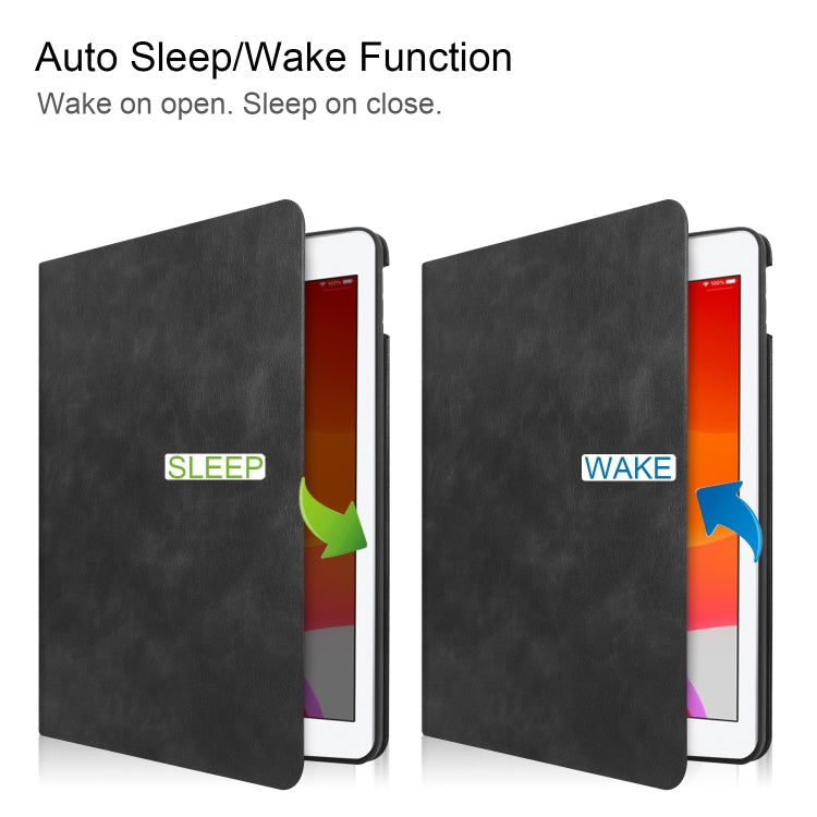 For iPad 10.2 Cowhide Texture Pattern Horizontal Flip Leather Case with Holder & Pen Slots & Sleep / Wake-Up Function