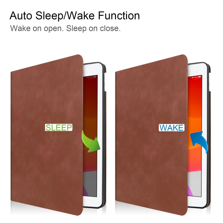 For iPad 10.2 Cowhide Texture Pattern Horizontal Flip Leather Case with Holder & Pen Slots & Sleep / Wake-Up Function