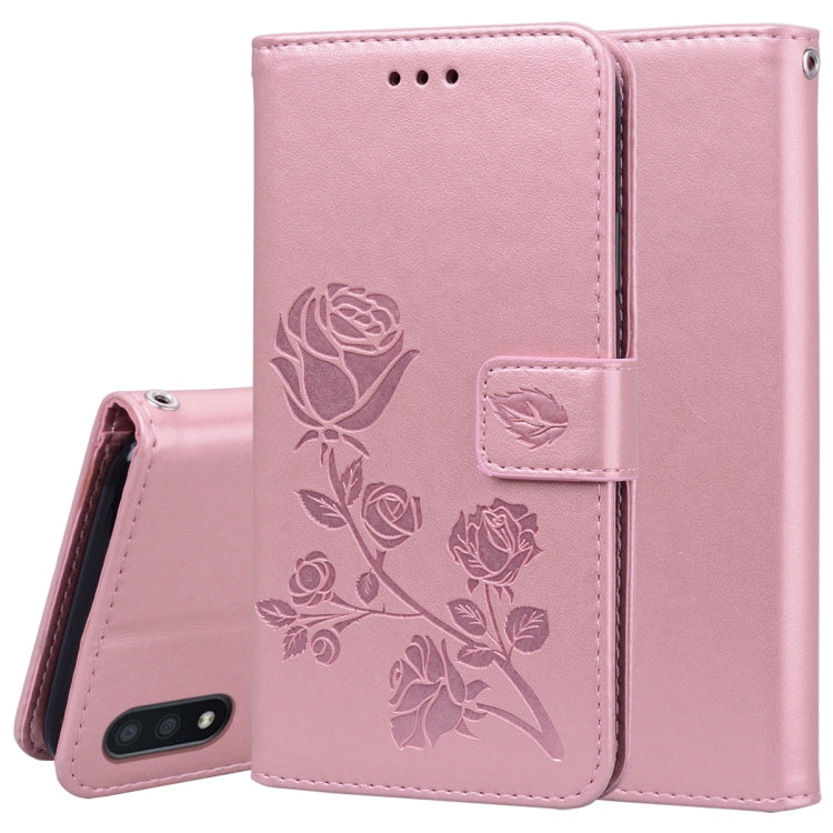 For Samsung Galaxy M01 Rose Embossed Horizontal Flip PU Leather Case with Holder & Card Slots & Wallet