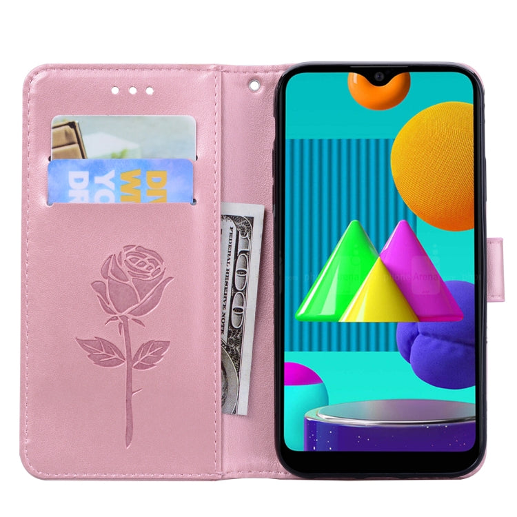 For Samsung Galaxy M01 Rose Embossed Horizontal Flip PU Leather Case with Holder & Card Slots & Wallet