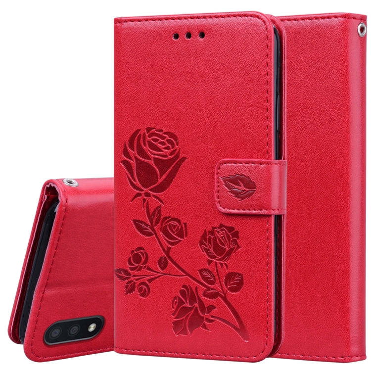 For Samsung Galaxy M01 Rose Embossed Horizontal Flip PU Leather Case with Holder & Card Slots & Wallet