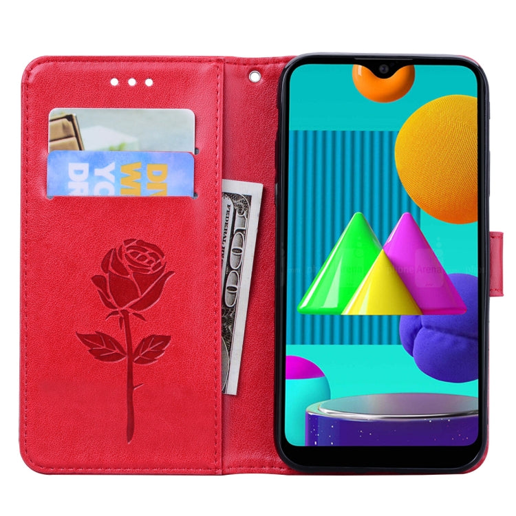 For Samsung Galaxy M01 Rose Embossed Horizontal Flip PU Leather Case with Holder & Card Slots & Wallet