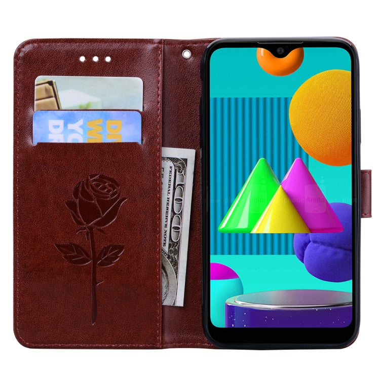 For Samsung Galaxy M01 Rose Embossed Horizontal Flip PU Leather Case with Holder & Card Slots & Wallet