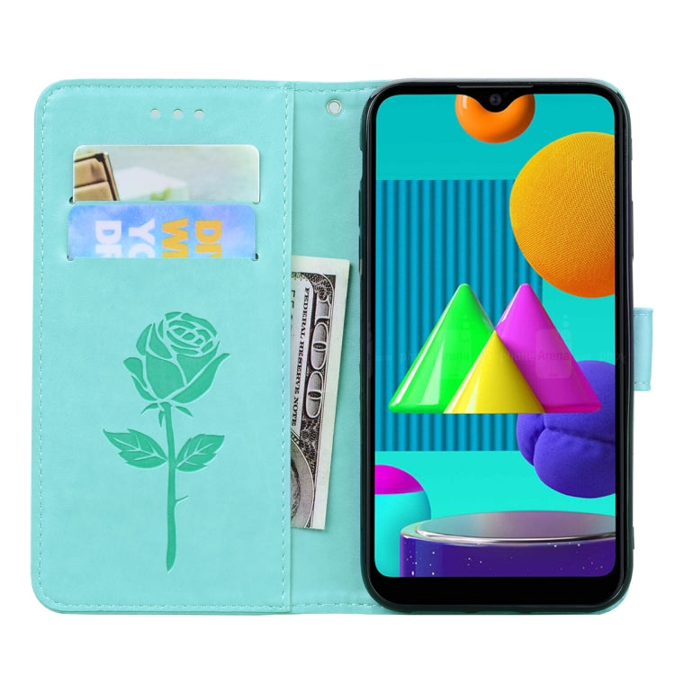 For Samsung Galaxy M01 Rose Embossed Horizontal Flip PU Leather Case with Holder & Card Slots & Wallet