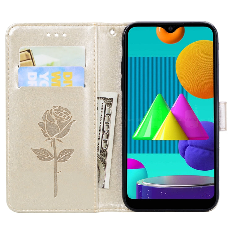 For Samsung Galaxy M01 Rose Embossed Horizontal Flip PU Leather Case with Holder & Card Slots & Wallet