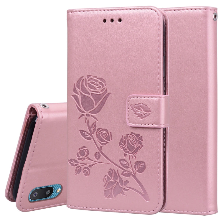 For Samsung Galaxy A02 (EU Version) Rose Embossed Horizontal Flip PU Leather Case with Holder & Card Slots & Wallet