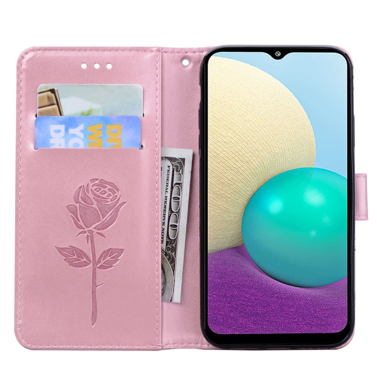 For Samsung Galaxy A02 (EU Version) Rose Embossed Horizontal Flip PU Leather Case with Holder & Card Slots & Wallet