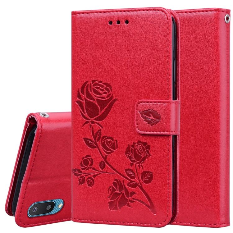 For Samsung Galaxy A02 (EU Version) Rose Embossed Horizontal Flip PU Leather Case with Holder & Card Slots & Wallet