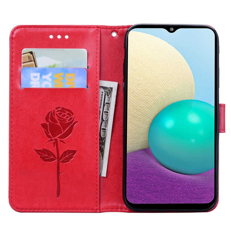 For Samsung Galaxy A02 (EU Version) Rose Embossed Horizontal Flip PU Leather Case with Holder & Card Slots & Wallet