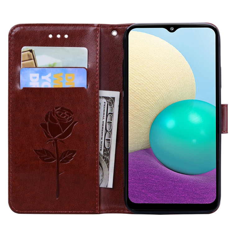 For Samsung Galaxy A02 (EU Version) Rose Embossed Horizontal Flip PU Leather Case with Holder & Card Slots & Wallet