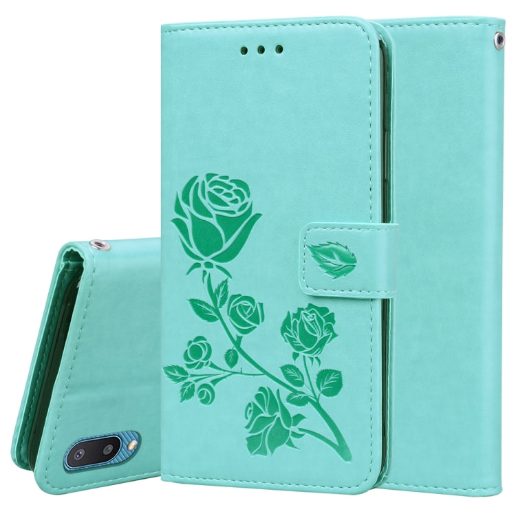 For Samsung Galaxy A02 (EU Version) Rose Embossed Horizontal Flip PU Leather Case with Holder & Card Slots & Wallet