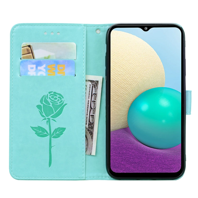 For Samsung Galaxy A02 (EU Version) Rose Embossed Horizontal Flip PU Leather Case with Holder & Card Slots & Wallet